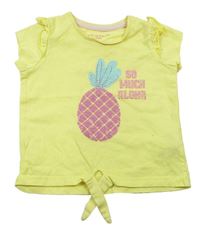 Žluté tričko s ananasem s flitry a nápisy a volánky PRIMARK