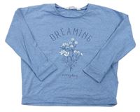 Modré melírované triko s květy a nápisem H&M