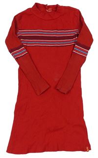 Červené žebrované bavlněné šaty s pruhy a stojáčkem