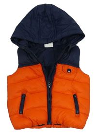 Oranžovo-tmavomodrá šusťáková zateplená vesta s kapucí F&F