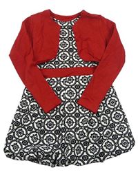Bílo-černo-červené teplákové květované šaty s bolerkem 