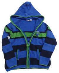 Modro-černo-zelený pruhovaný propínací svetr s kapucí Lupilu