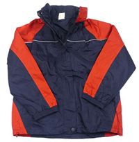 Tmavomodro-červená šusťáková jarní bunda s ukrývací kapucí 