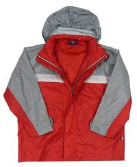 Šedo-červená šusťáková jarní bunda s kapucí 