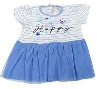 Bílo-modré pruhované bavlněno/tylové šaty s nápisem a kytičkami Lily&Jack
