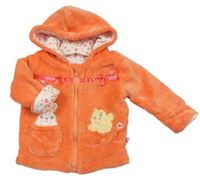 Oranžová chlupatá podšitá bunda se zvířátky a kapucí 