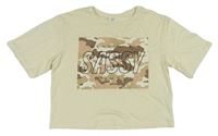 Smetanové crop tričko s army potiskem s nápisy Candy Couture