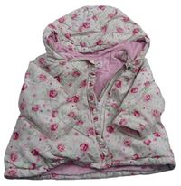Smetanovo-růžová květovaná šusťáková zateplená bunda s kapucí 
