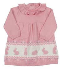 Růžovo-bílé svetrové šaty s králíčky a límečkem Nutmeg
