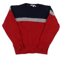 Tmavomodro-šedo-červený chlupatý svetr 