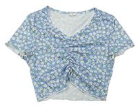 Modré žebrované crop tričko s kytičkami nařasením SHEIN