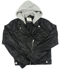 Černá koženková bunda s šedou kapucí H&M