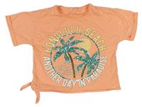 Neonově oranžové crop tričko s nápisy a palmami s flitry Matalan