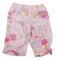 Růžové pruhované květované capri kalhoty 