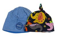 2x Tmavomodrá čepice se slony + Modrá pruhovaná čepice s výšivkou 