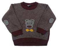 Vínovo-šedý vzorovaný svetr s medvědem 