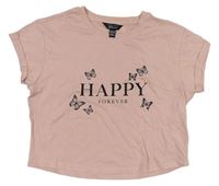 Růžové crop tričko s nápisy a motýlky New Look