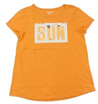 Oranžové tričko s potiskem s překlápěcími flitry Land´s end  