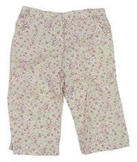 Smetanovo-růžové květované plátěné kalhoty 