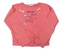 Lososové triko s nápisem a motýly OVS