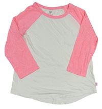 Bílo-neonově růžové triko s kapsičkou H&M