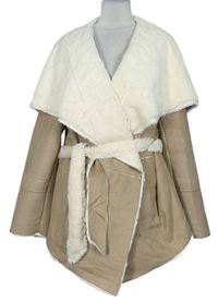 Dámský béžovo-bílý semišový kabátový cardigán s kožíškem s páskem Laura Torelli 