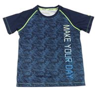 Tmavomodro-modré sportovní tričko s nápisem Manguun