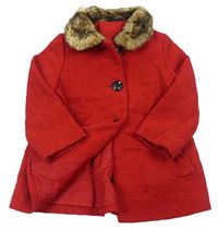 Červený vzorovaný vlněný podšitý kabát s kožešinovým límečkem George