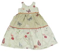 Krémovo-světlebéžové plátěné šaty s motýlky a kytičkami  