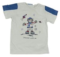 Bílo-modrošedé tričko s kosmonautem a raketou
