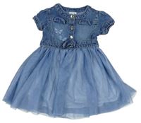 Modré riflovo/tylové šaty s motýlky Fagottino