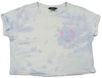 Bílo-světlemodré batikované crop tričko se srdíčkem s nápisy New Look