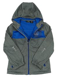 Šedo-modrá softshellová bunda s nápisem a kapucí 