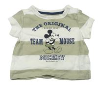 Khaki-bílé pruhované tričko s Mickey Mousem a nápise zn. Disney