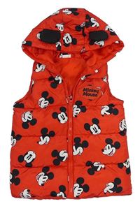 Červená prošívaná šusťáková zateplená vesta s Mickey a kapucí Disney