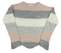 Šedo-bílo-růžový pruhovaný svetr s výšivkou 