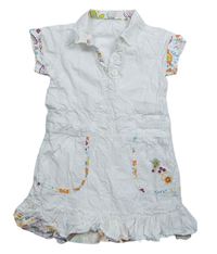 Bílé plátěné šaty s kytičkami a volánky a límečkem 