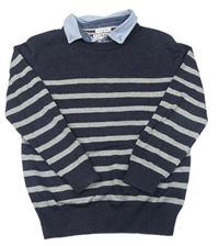 Tmavošedo-šedý pruhovaný svetr s košilovým límcem Jasper Conran