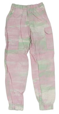 Růžovo-zeoleno-bílé plátěné cuff kalhoty s kapsami H&M
