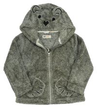 Šedá melírovaná chlupatá bunda s kapucí - medvídek H&M