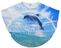 Bílo-modré tričkové pončo s delfínem Dopodopo