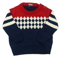 Tmavomodro-smetanovo-červený pletený svetr s károvaným vzorem a pruhy babyhug