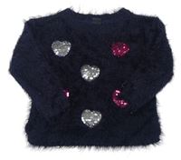 Tmavomodrý chlupatý svetr se srdíčky z flitrů Kiki&Koko