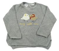 Šedý pletený svetr s ptáčky 