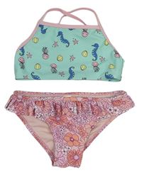 2set- Světlemodrá plavková podprsenka s mořskými zvířátky + Růžové květované plavkové kalhotky Dopodopo