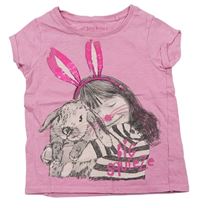 Růžové tričko s dívkou s králíkem a flitry Next