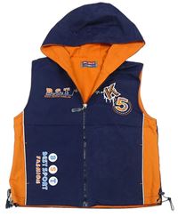 Tmavomodro-oranžová šusťáková lehká vesta s nápisy a kapucí 