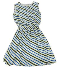 Bílo-modro-žluto-černé pruhované šifonové šaty 