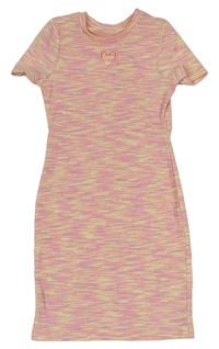 Žluto-neonově růžovo-fialové melírované žebrované šaty se srdíčkem 