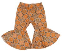 Hnědo-oranžové vzorované flare kalhoty